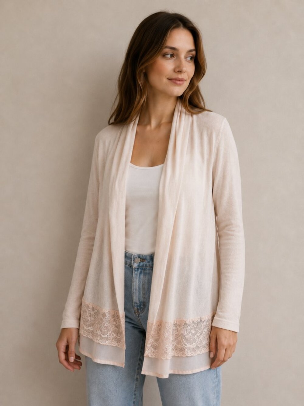 Forever 21 Contemporary Blush Pink Open Front Lace Trim Cardigan Size S
